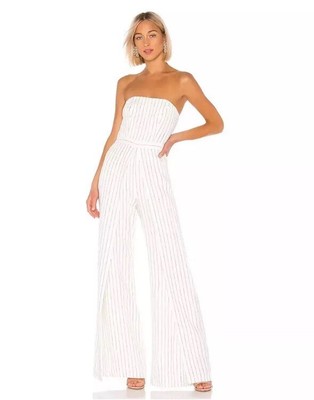 NWOT Alexis Charlize White and Black Pinstriped Strapless Linen Jumpsuit Sz S