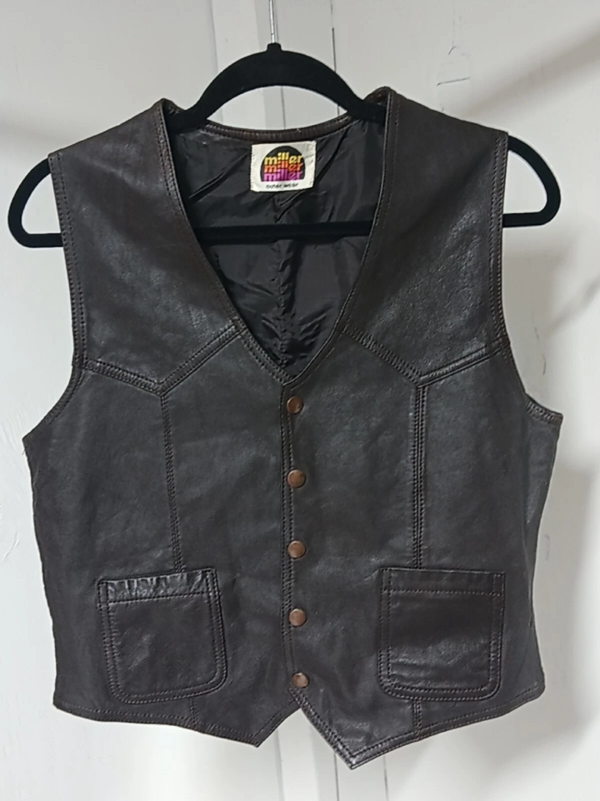 Vintage Miller Outer Wear Cowhide Grain Brown Leather Vest Size Large Snaps