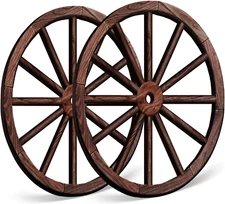 2 Pcs Wagon Wheel Decor,Decorative Vintage Wood Garden Wagon Wheel,Vintage Rusti