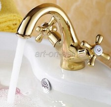 Gold Color Brass Dual Cross Handles Bathroom Vanity Basin Faucet Mixer Taps