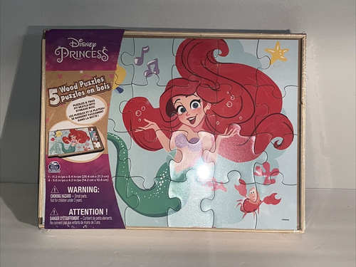 New Disney Princess 5-Pack Wood Puzzles & Storage Box. Ages 3+ new sealed.