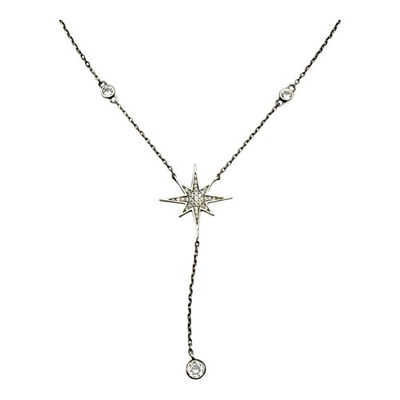 #ad 925 Sterling Silver North Star Pendant V Necklace CZ Stones 16” 20” Long $64.95
