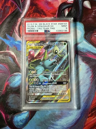 2019 POKEMON SM BLACK STAR PROMO #SM167 FULL ART/CELEBI & VENUSAUR GX PSA 9