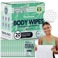 Travel Body Wipes for Women - 20 XL Shower 20 Count Travel Pack , White