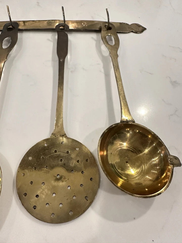 Set of 4 Vintage Brass Cooking Utensils w/ Wall Hanger Spoon Fork Ladle etc - Image 3 of 4