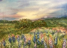 Bluebonnets Bloom Texas Sunset Landscape Watercolor Original Painting