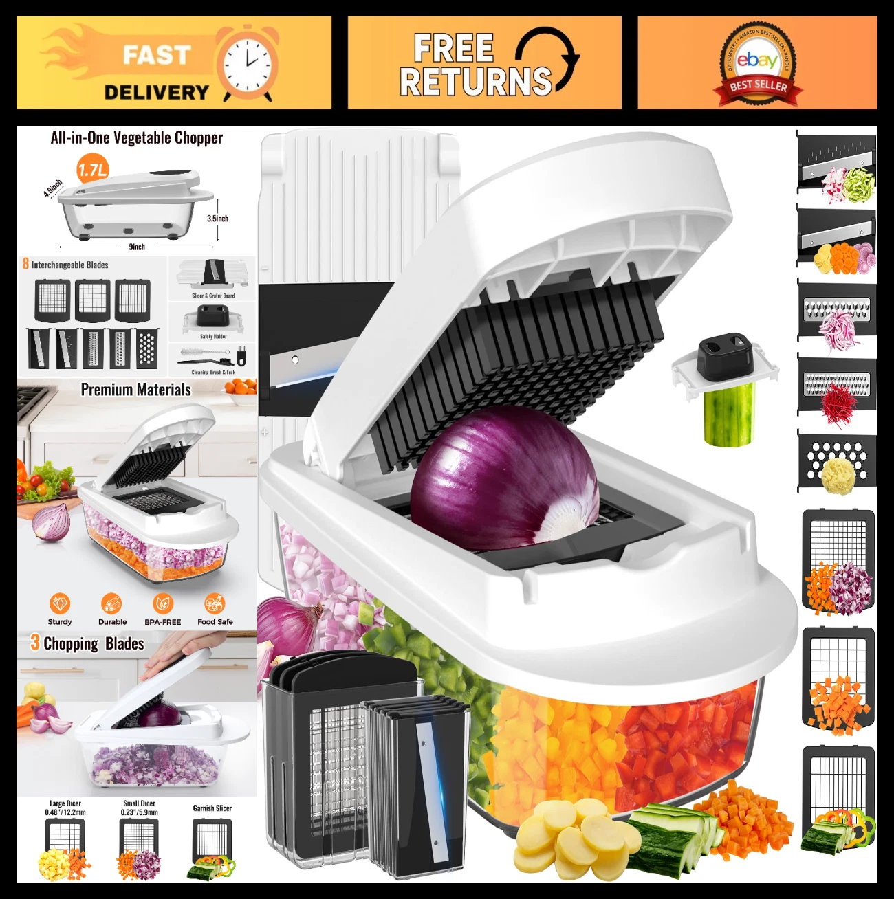 8 Blade Vegetable Chopper Mandoline Slicer with Container - Food & Onion Cutter,
Opens in a new wind
