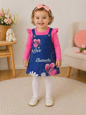 Baby Dress 9-24M Girl Butterfly Pinafore Style Pink Long Sleeve Dress