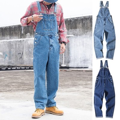 Klassisch Denim Latzhose Für Herren Baggy Overall Jeans Langer Schlauch Mode