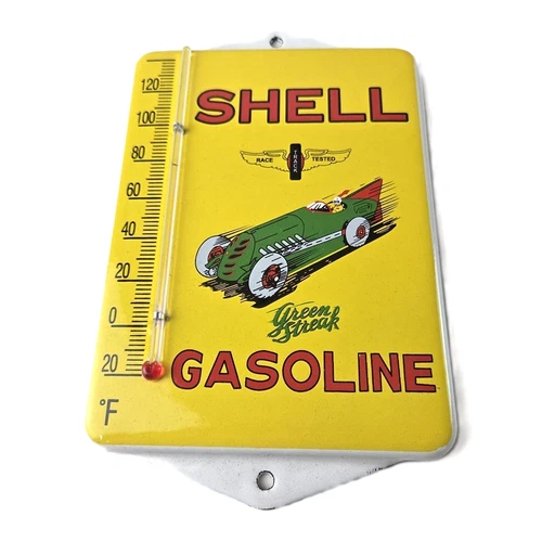Vintage Shell Porcelain Sign - Green Streak Gasoline Pump Ad Sign On Thermometer