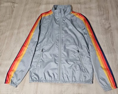 ALDI Windbreaker Jacket Lightweight Silver Gray Rainbow Stripe S Employee 