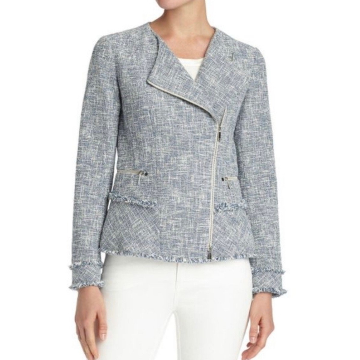 Lafayette 148 New York Owen Tweed Moto Jacket Blue White Size 4