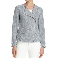 Lafayette 148 New York Owen Tweed Moto Jacket Blue White Size 4