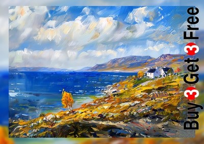 Golden Coastal Hillside Cottage 5''x7'' Druck auf mattem Papier | Ausdrucksstarke Ölkunst