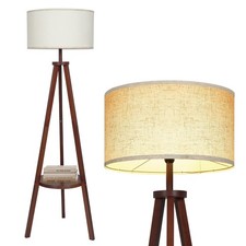 Tripod Floor Lamp Linen Shade Free Standing Light with Shelf Living Room Bedroom