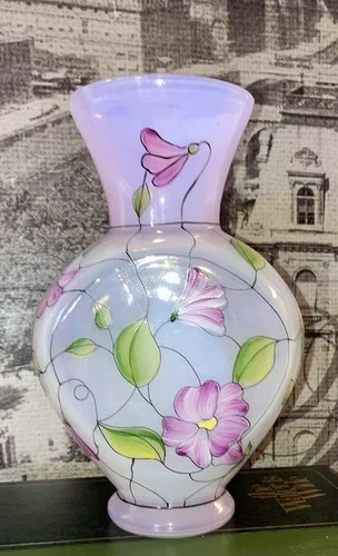 Fenton Art Glass French Opalescent Stained Glass Floral QVC Vase Hand Painted