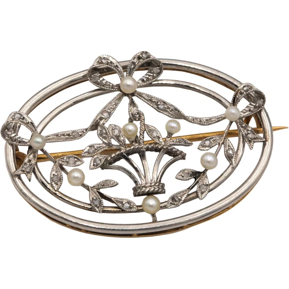 Vintage Antique 10k White and Yellow Gold 2.2mm Pearl & Rose Cut Diamond Brooch
