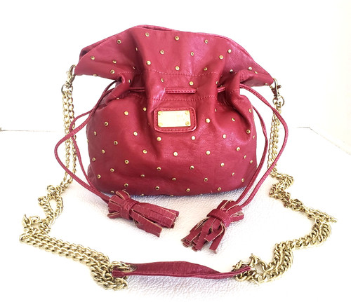 BILLABONG Red Faux Leather Drawstring Shoulder Bag - Gold Metal Strap & Studs