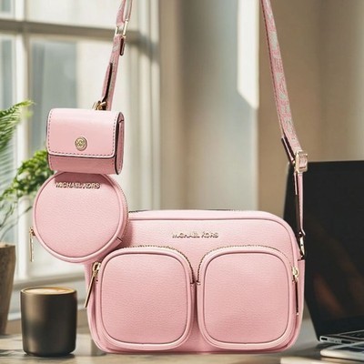 Michael Kors Jet Set Medium Leather Crossbody Bag with Airpods Case Powder Blush
