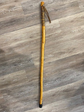 Vintage Hand Carved Wood Folk Art Walking Stick W/ Leather Strap 54-1/2"