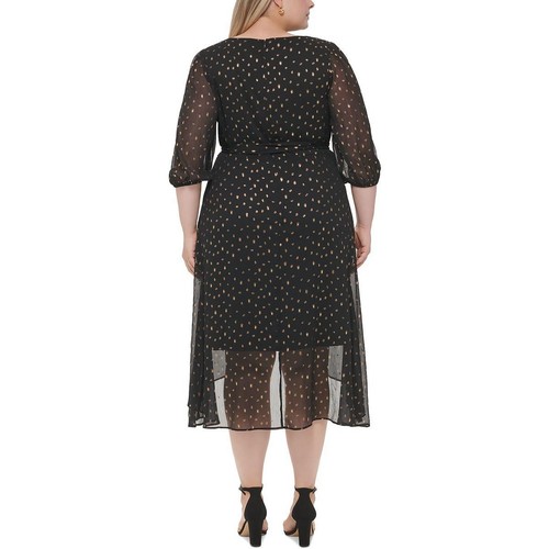 DKNY Womens Black Metallic Tea Puff Sleeve Wrap Dress Plus 14W BHFO 1528 - Picture 2 of 2