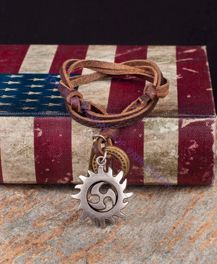 Gargantilla ajustable Hiphop Rock Fire Sol colgante de cuero genuino para hombre Foto 3 de 4