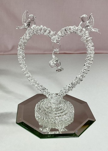 Delicate Hand Blown Heart With Two Love Birds And Two Bells