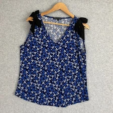 Adrienne Vittadini Top Womens Large Blue Floral Sleeveless Bows Knit Career