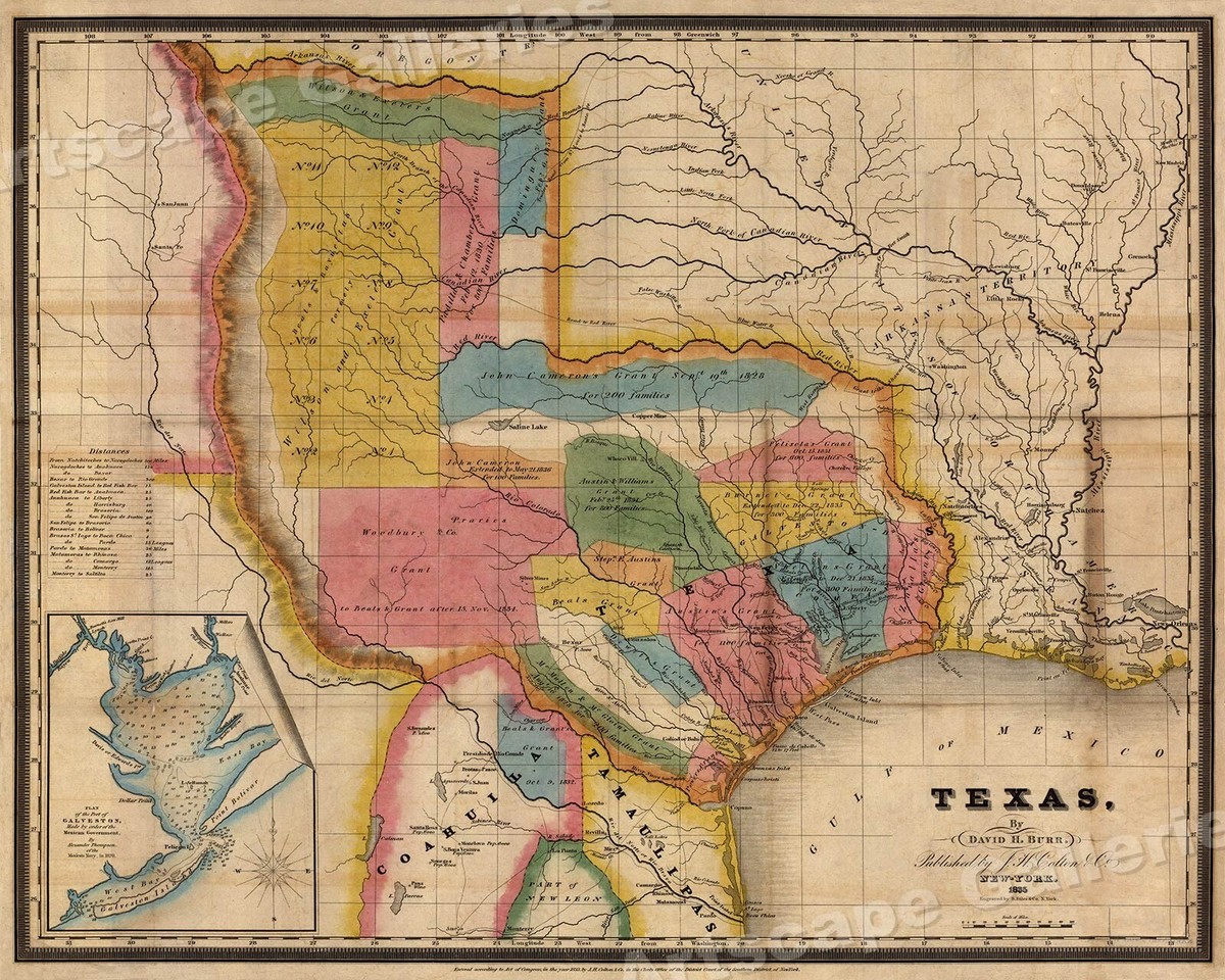 Texas Land Grants 1830s Historic Map of Galveston - 20x24 | eBay