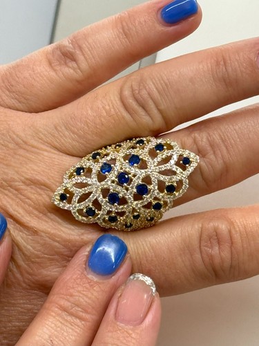 ANELLO DONNA IN ORO GIALLO 18KT E ZIRCONIA CUBICA BIANCA E BLU GRAMMI 8,28 - Foto 3 di 6