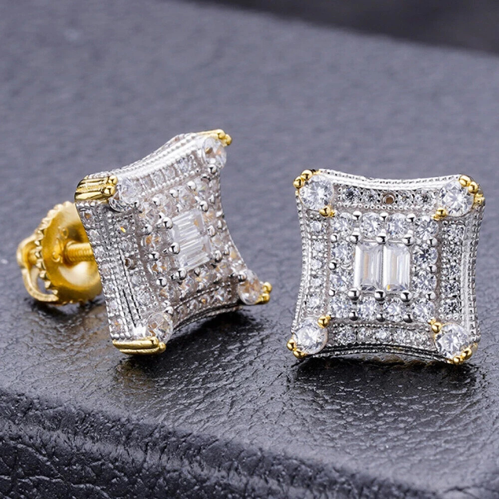 2Ct Baguette Simulated Diamond Hip-Hop MEN'S Stud Earrings14k Yellow Gold Plated