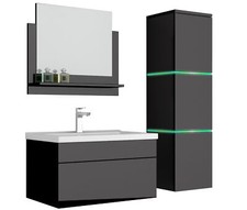 4 teiliges Waschplatz Badmöbel Komplettset mit LED Beleuchtung hochglanz Schwarz