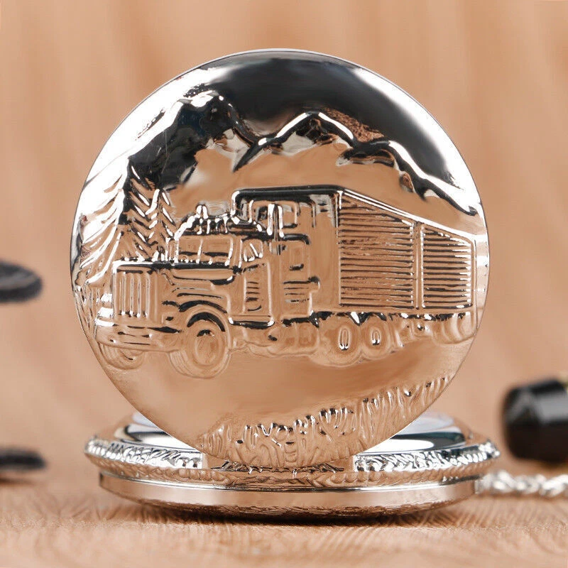 Silver Truck Lorry Men Driver Quartz Pocket Watch Necklace Chain Best Gift - Image 4 of 4