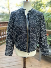 H M Embroidered Black White Zip Blazer Size 12