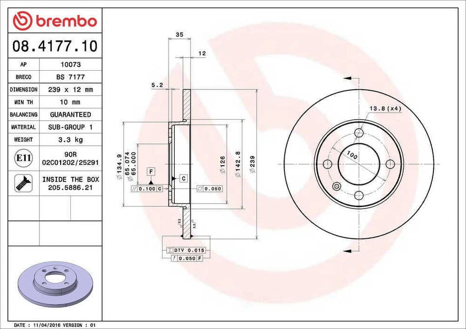 Rotor de freno de disco para Volkswagen Jetta Fox Golf Brembo North America 1974-1993 Foto 2 de 4