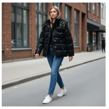 HALSTON Oversized Shiny Black Puffer Jacket S Dark Academia Streetwear