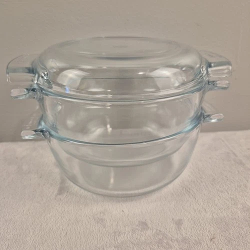 Vtg PYREX de Corning France 451 Casserole 2 Cup Baking Dishes w/Lid Stacking