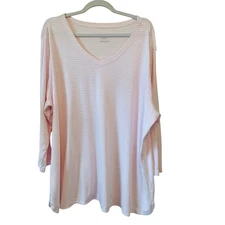J.Jill Pure Jill Womens 3X Pima 3/4 Sleeve V-Neck Tee Pink White Stripe
