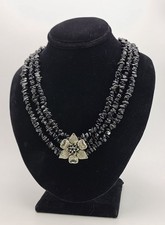 Black spinel , sterling silver free form multi strand flower necklace 20  