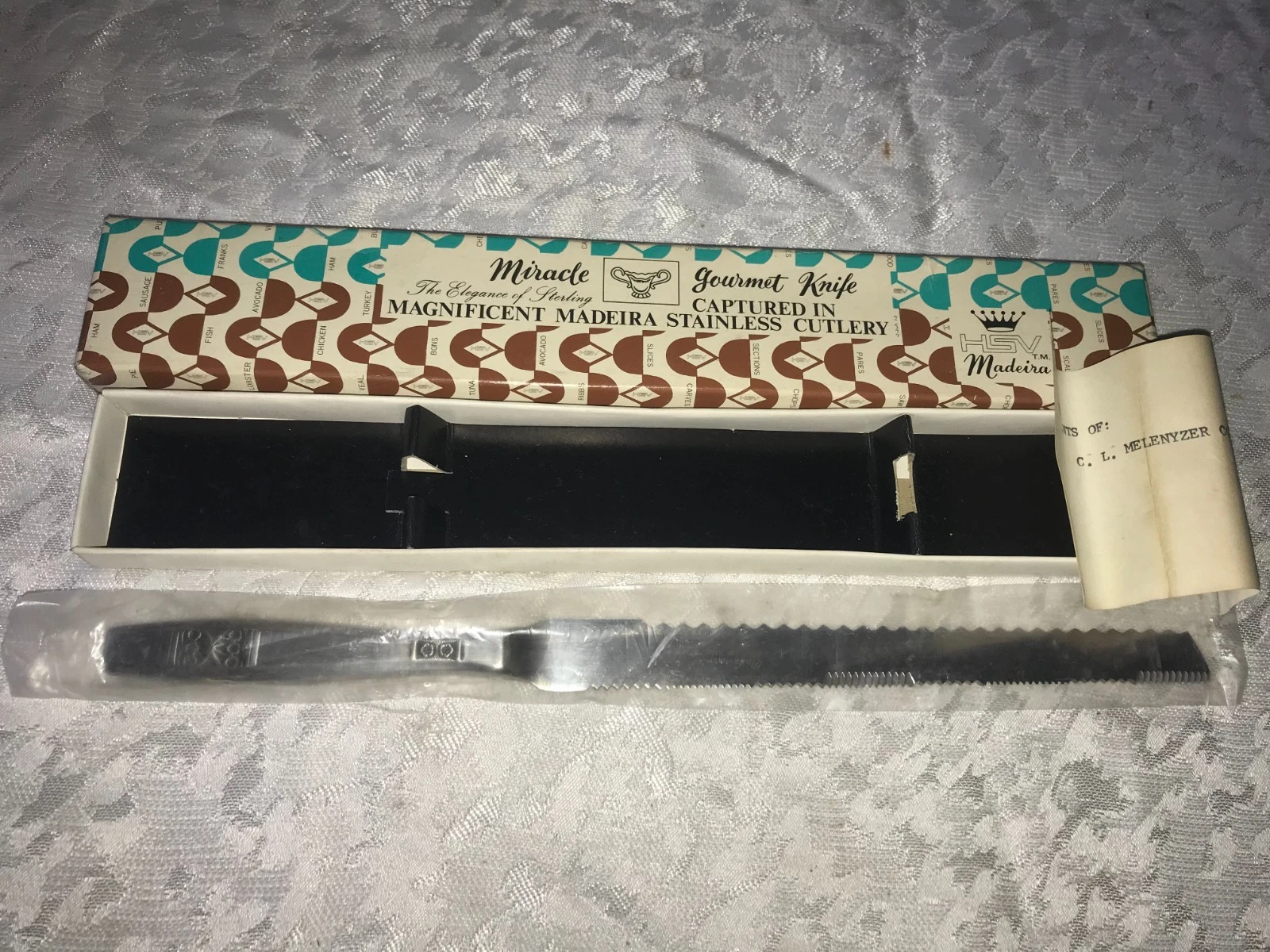 NOS Vintage HSV Madeira MIRACLE Gourmet STAINLESS Steel 12"SERRATED KNIFE in Box