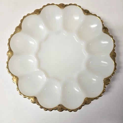 Vintage Anchor Hocking Deviled Egg Plate with Gold Trim; Holds 12 Eggs