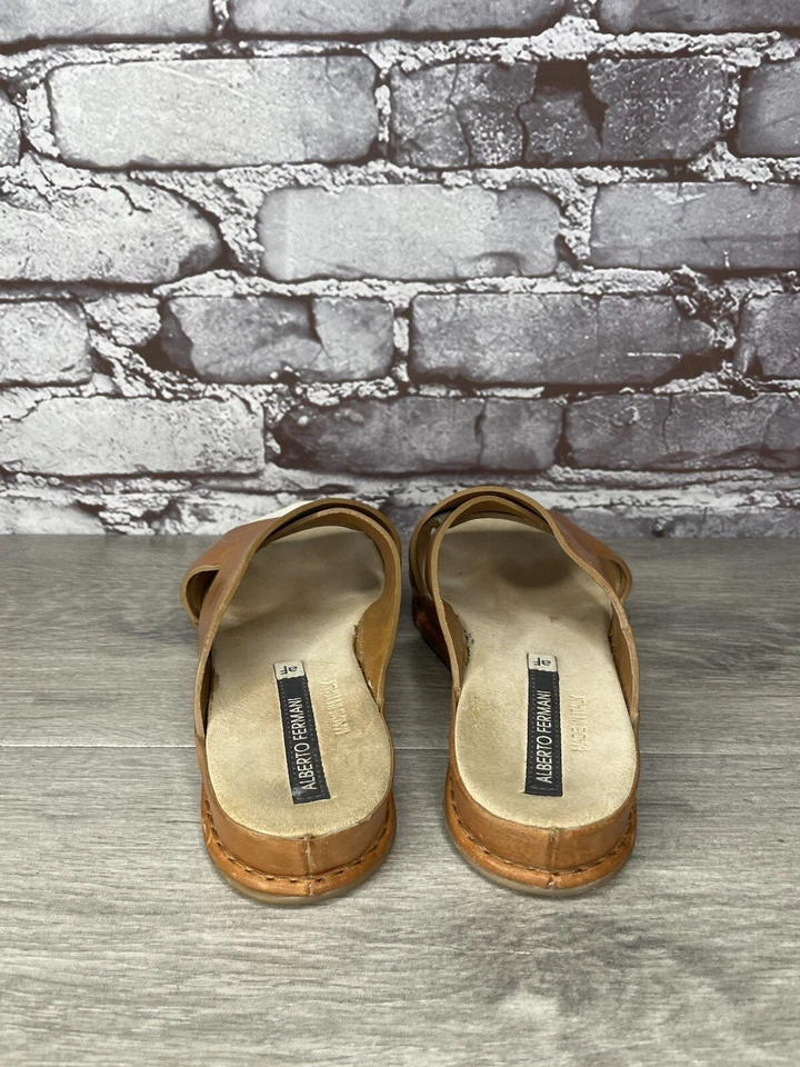 Alberto Fermani Brown Leather Ivory Slide Cross Wedge Sandals Women’s 36EU/6M US - Image 4 of 4