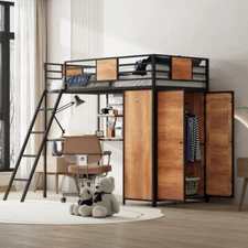 Twin Size Loft Bed with Desk and Wardrobe Metal Bunk Bed Frame Bedroom Furniture