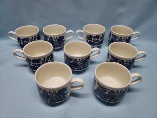 Set of 9 Blue Willow stackable coffee cups Churchill England Near Mint.