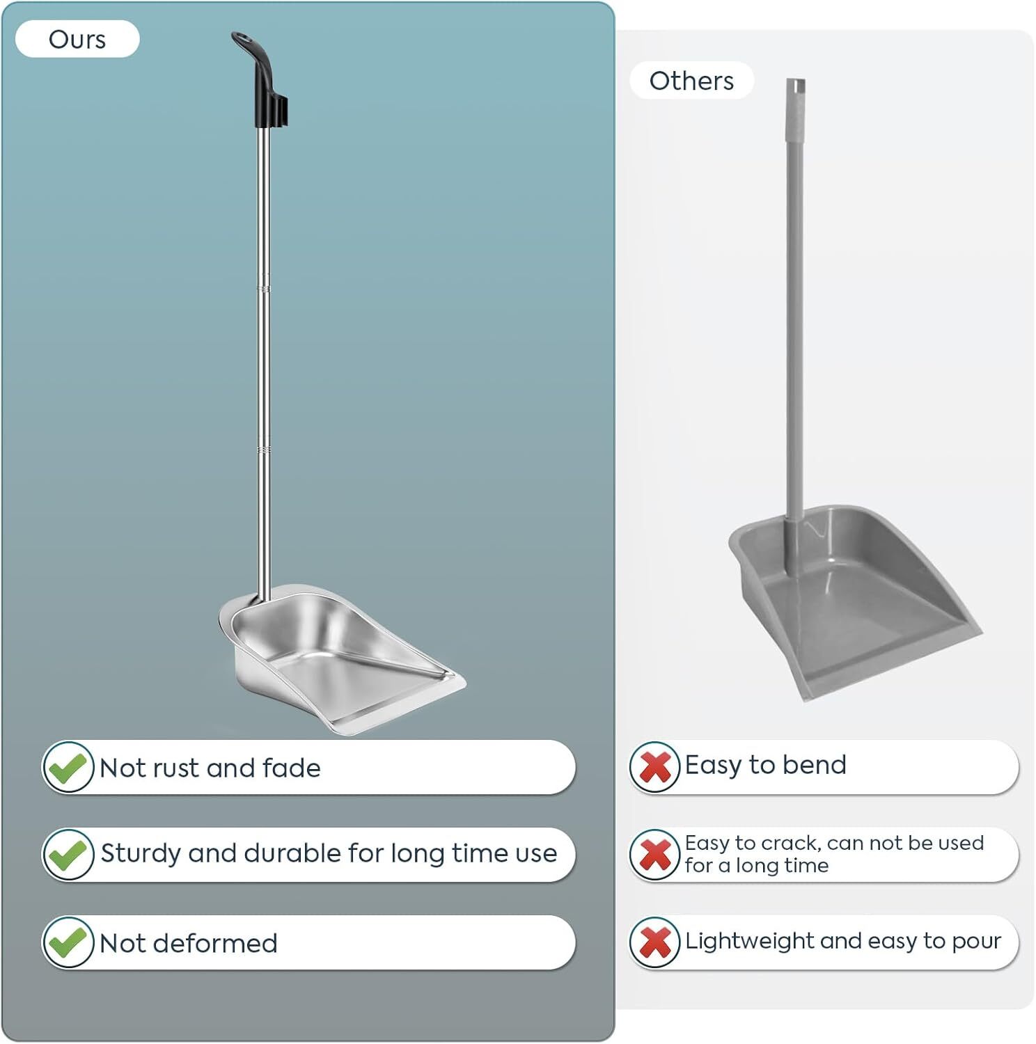 Dust Pans with Long Handle - 35”Heavy Duty Metal Upright Stand up Dustpan - Long