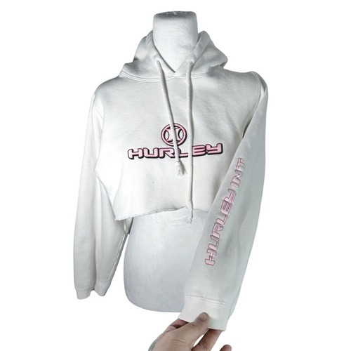 Hurley Damen weiß Cropped roher Saum Hoodie mit glitzerndem rosa Brust Hurley Logo S - Bild 3 von 7