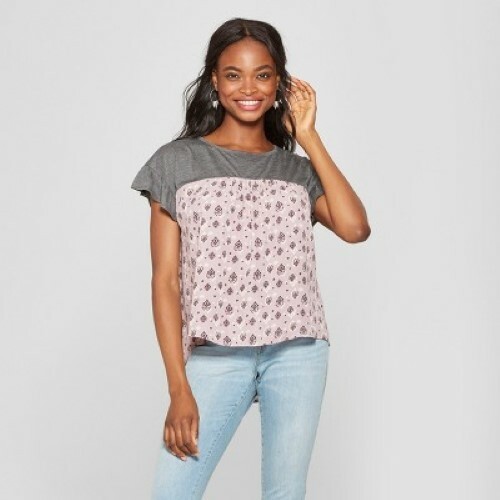 Womens Floral Print Short Sleeve Knit to Woven Top - Xhilaration - Lilac XS - Picture 1 of 2