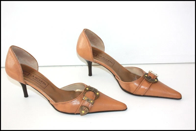 LA SCARPA Escarpins Très Pointus Tout Cuir Marron Bijoux T 37 TBE - Photo 3/4