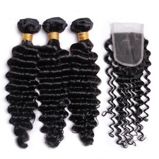 Indian Virgin Hair Deep Wave 3 Bundles 10"12"14" With 10" 4 by 4 Lace Closure