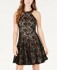B Darlin Juniors Allover Lace Halter-Neck Fit & Flare Dress, UK 10, Black, BNWT